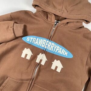 Strawberry Park Full Zip Hoodie Brown Graphic House Logo Streetwear Small‎